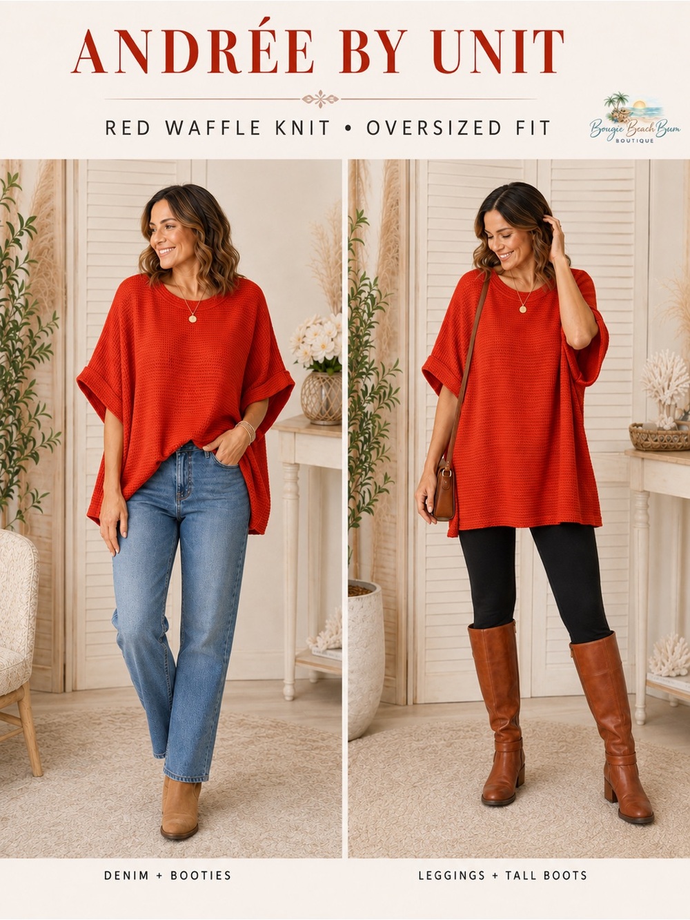 ANDREE BY UNIT Red Waffle Knit Oversized Tunic